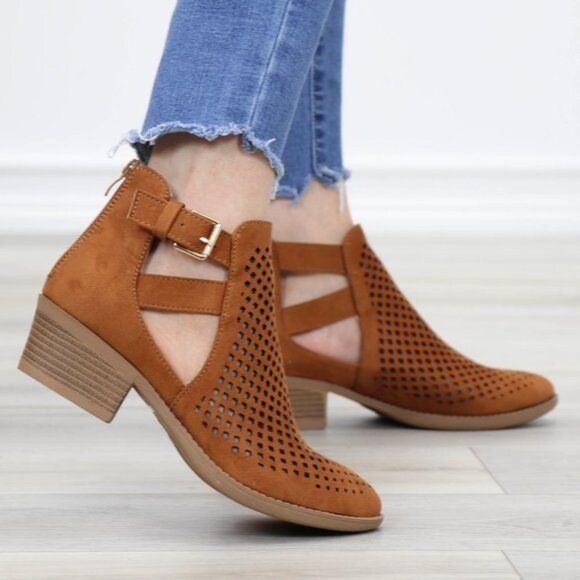 Ankle Boot Low Heel Buckle Strap Sleek Cutout Perforated Detail Zipper Brown - Picture 1 of 10